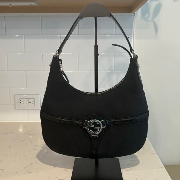 Gucci Canvas Reins Vintage Black Leather Hobo Shoulder Handbag Womens - Picture 1 of 15